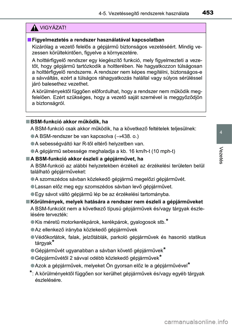 TOYOTA C-HR 2022  Kezelési útmutató (in Hungarian) 4534-5. Vezetéssegítő rendszerek használata
4
Vezetés
nBSM-funkció akkor működik, ha
A BSM-funkció csak akkor működik, ha a következő feltételek tel jesülnek:
l A BSM-rendszer be van ka