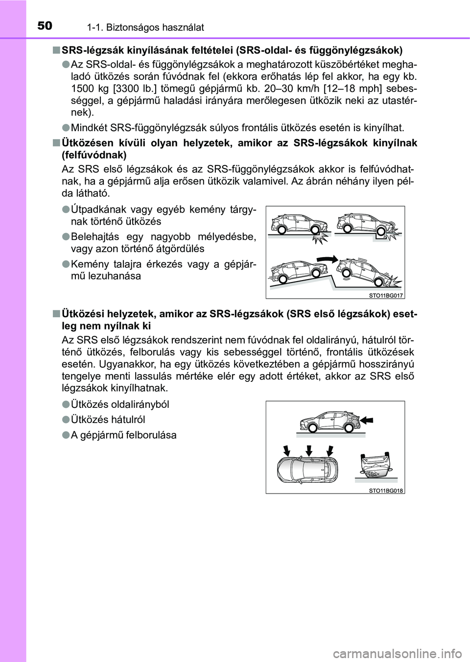 TOYOTA C-HR 2022  Kezelési útmutató (in Hungarian) 501-1. Biztonságos használat
nSRS-légzsák kinyílásának feltételei (SRS-oldal- és függönylégzs ákok)
l Az SRS-oldal- és függönylégzsákok a meghatározott küszöbértéket  megha-
lad