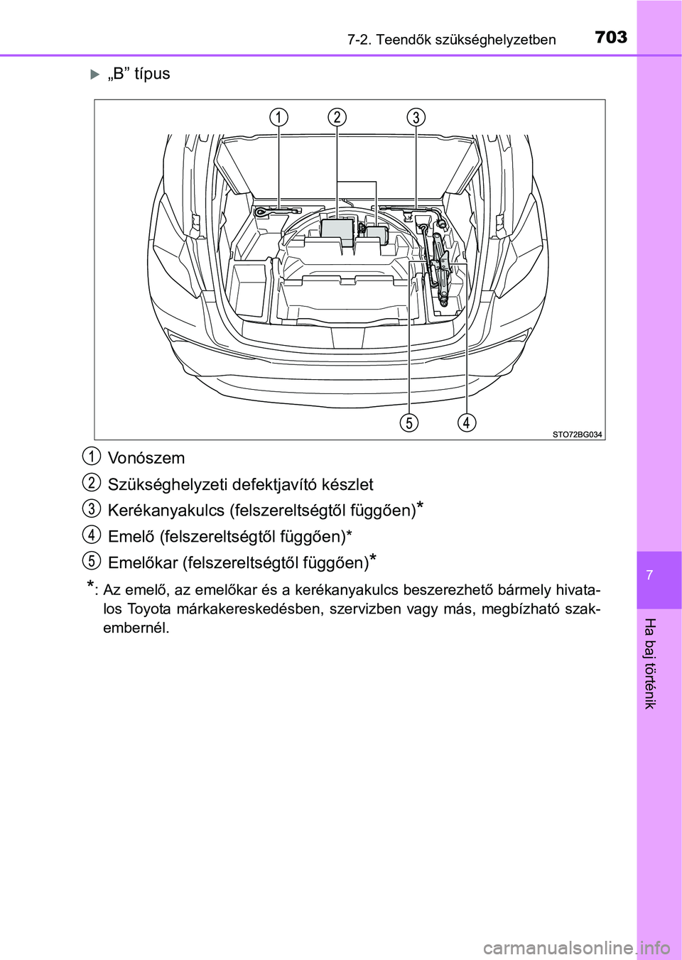 TOYOTA C-HR 2022  Kezelési útmutató (in Hungarian) 7037-2. Teendők szükséghelyzetben
7
Ha baj történik
„B” típus
Vonószem
Szükséghelyzeti defektjavító készlet
Kerékanyakulcs (felszereltségtől függően)
*
Emelő (felszereltségt