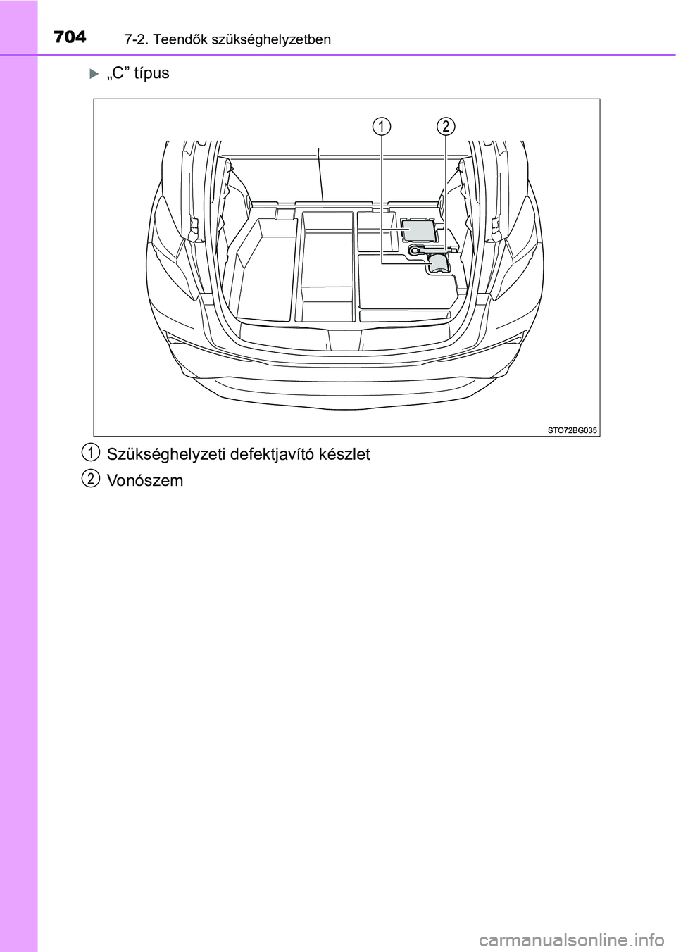 TOYOTA C-HR 2022  Kezelési útmutató (in Hungarian) 7047-2. Teendők szükséghelyzetben
„C” típus
Szükséghelyzeti defektjavító készlet
Vonószem 