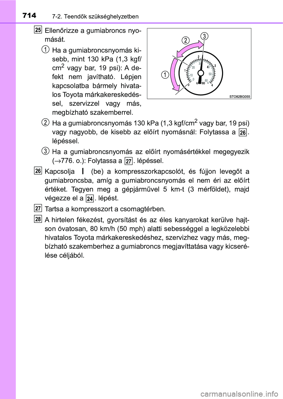 TOYOTA C-HR 2022  Kezelési útmutató (in Hungarian) 7147-2. Teendők szükséghelyzetben
Ellenőrizze a gumiabroncs nyo-
mását.Ha a gumiabroncsnyomás ki-
sebb,  mint  130  kPa  (1,3  kgf/
cm
2  vagy  bar,  19  psi): A  de-
fekt  nem  javítható.  L
