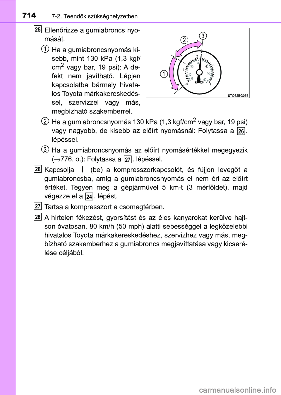 TOYOTA C-HR 2022 Kezelési útmutató (in Hungarian) 7147-2. Teendők szükséghelyzetben
Ellenőrizze a gumiabroncs nyo-
mását.Ha a gumiabroncsnyomás ki-
sebb, mint 130 kPa (1,3 kgf/
cm
2 vagy bar, 19 psi): A de-
fekt nem javítható. L TOYOTA C-HR 2022 Kezelési útmutató (in Hungarian) 7147-2. Teendők szükséghelyzetben
Ellenőrizze a gumiabroncs nyo-
mását.Ha a gumiabroncsnyomás ki-
sebb, mint 130 kPa (1,3 kgf/
cm
2 vagy bar, 19 psi): A de-
fekt nem javítható. L
