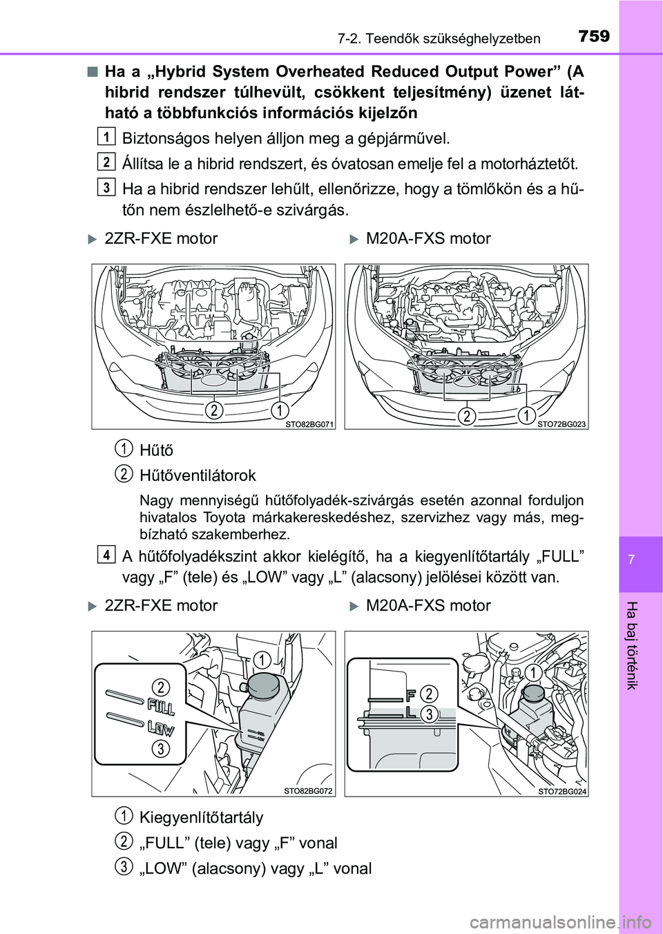TOYOTA C-HR 2022 Kezelési útmutató (in Hungarian) 7597-2. Teendők szükséghelyzetben
7
Ha baj történik
nHa a „Hybrid System Overheated Reduced Output Power” (A
hibrid rendszer túlhevült, csökkent teljesítmény) üzenet lát- TOYOTA C-HR 2022 Kezelési útmutató (in Hungarian) 7597-2. Teendők szükséghelyzetben
7
Ha baj történik
nHa a „Hybrid System Overheated Reduced Output Power” (A
hibrid rendszer túlhevült, csökkent teljesítmény) üzenet lát-