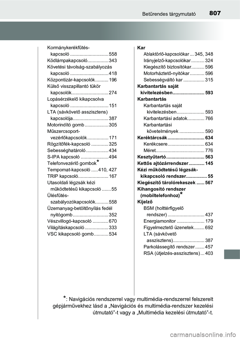 TOYOTA C-HR 2022  Kezelési útmutató (in Hungarian) 807Betűrendes tárgymutató
Kormánykerékfűtés-kapcsoló ............................. 558
Ködlámpakapcsoló................ 343
Követési távolság-szabályozás  kapcsoló ..................