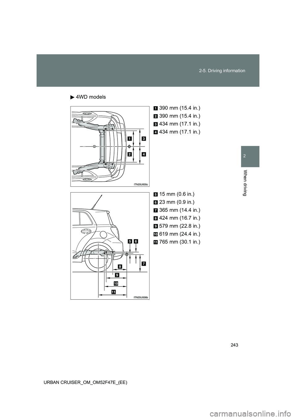 TOYOTA URBAN CRUISER 2014 Owners Manual 243
2-5. Driving information
2
When driving
URBAN CRUISER_OM_OM52F47E_(EE)
4WD models
390 mm (15.4 in.)
390 mm (15.4 in.)
434 mm (17.1 in.)
434 mm (17.1 in.)
15 mm (0.6 in.)
23 mm (0.9 in.)
365 mm (14 TOYOTA URBAN CRUISER 2014 Owners Manual 243
2-5. Driving information
2
When driving
URBAN CRUISER_OM_OM52F47E_(EE)
4WD models
390 mm (15.4 in.)
390 mm (15.4 in.)
434 mm (17.1 in.)
434 mm (17.1 in.)
15 mm (0.6 in.)
23 mm (0.9 in.)
365 mm (14