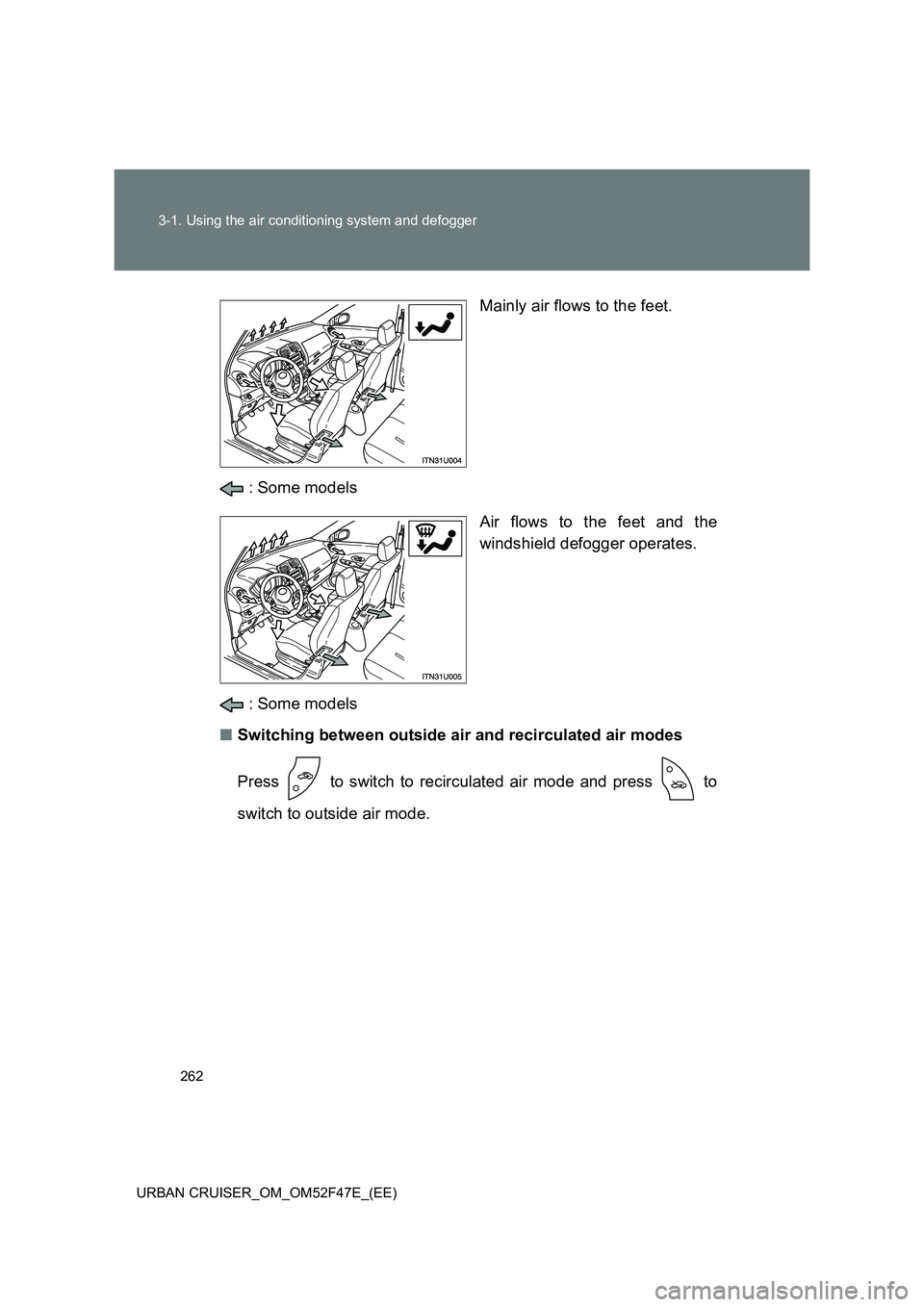 TOYOTA URBAN CRUISER 2014  Owners Manual 262
3-1. Using the air conditioning system and defogger
URBAN CRUISER_OM_OM52F47E_(EE)
Mainly air flows to the feet.
 : Some models Air flows to the feet and the
windshield defogger operates.
 : Some 
