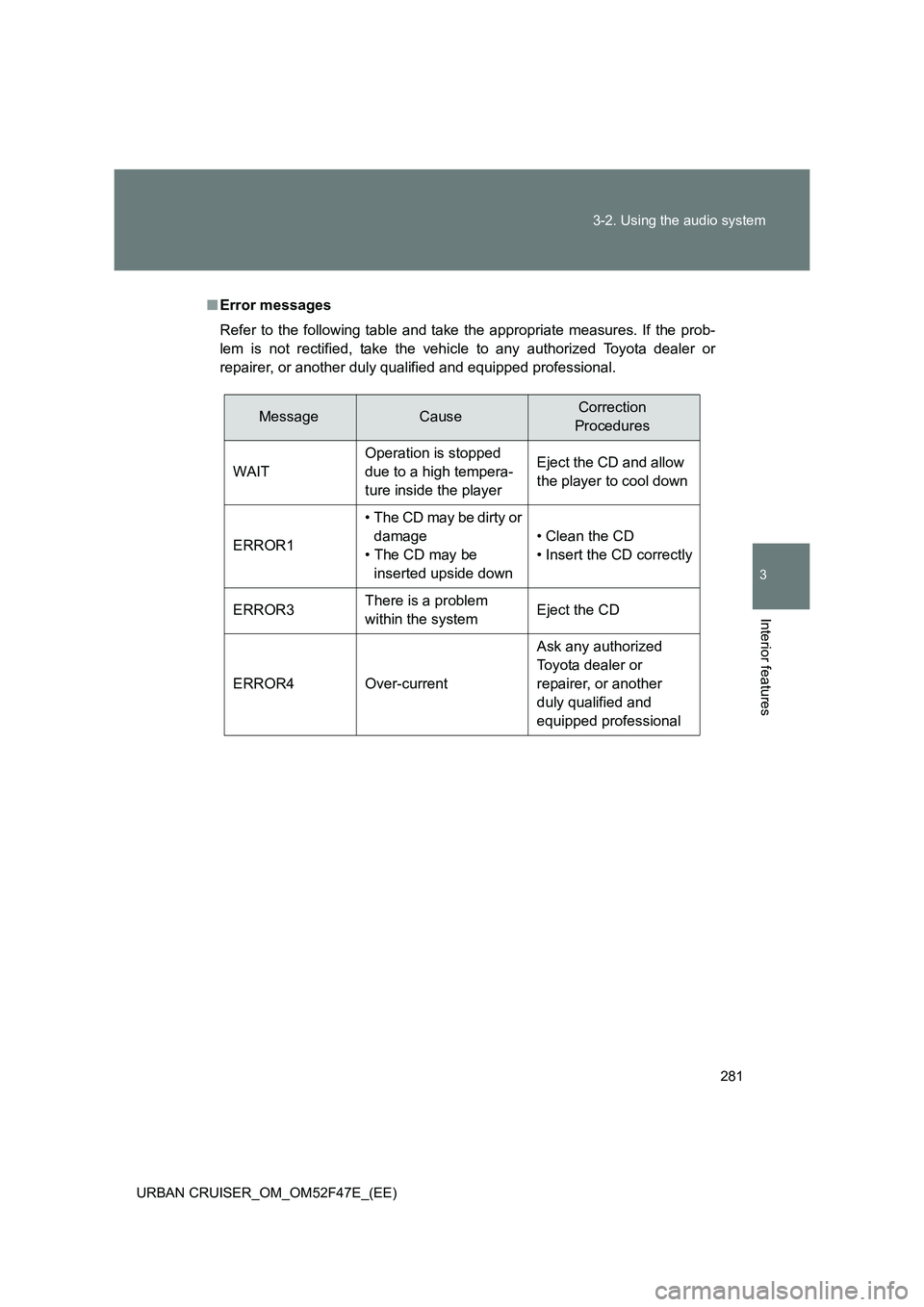 TOYOTA URBAN CRUISER 2014 Owners Manual 281
3-2. Using the audio system
3
Interior features
URBAN CRUISER_OM_OM52F47E_(EE)
■
Error messages
Refer to the following table and take the appropriate measures. If the prob-
lem is not rectified, TOYOTA URBAN CRUISER 2014 Owners Manual 281
3-2. Using the audio system
3
Interior features
URBAN CRUISER_OM_OM52F47E_(EE)
■
Error messages
Refer to the following table and take the appropriate measures. If the prob-
lem is not rectified,