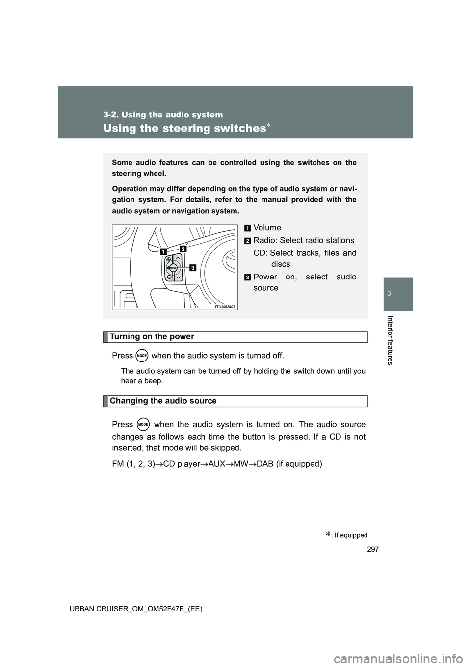 TOYOTA URBAN CRUISER 2014 Owners Manual 297
3-2. Using the audio system
3
Interior features
URBAN CRUISER_OM_OM52F47E_(EE)
Using the steering switches∗
Turning on the powerPress when the audio system is turned off.
The audio system can TOYOTA URBAN CRUISER 2014 Owners Manual 297
3-2. Using the audio system
3
Interior features
URBAN CRUISER_OM_OM52F47E_(EE)
Using the steering switches∗
Turning on the powerPress when the audio system is turned off.
The audio system can