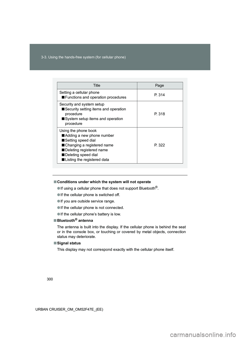 TOYOTA URBAN CRUISER 2014 Owners Manual 300
3-3. Using the hands-free system (for cellular phone)
URBAN CRUISER_OM_OM52F47E_(EE)
■ Conditions under which the system will not operate
●If using a cellular phone that does not support Bluet TOYOTA URBAN CRUISER 2014 Owners Manual 300
3-3. Using the hands-free system (for cellular phone)
URBAN CRUISER_OM_OM52F47E_(EE)
■ Conditions under which the system will not operate
●If using a cellular phone that does not support Bluet