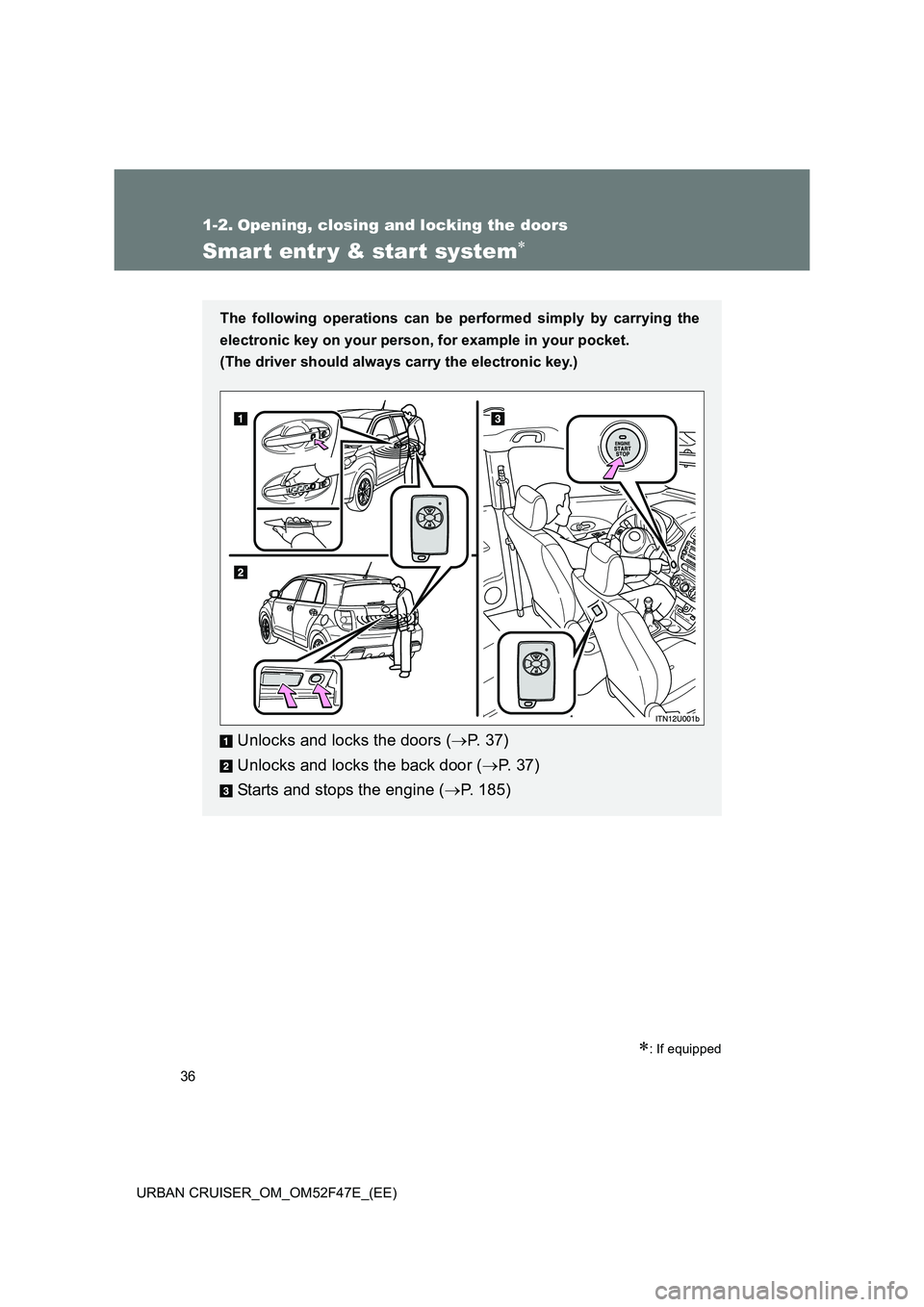 TOYOTA URBAN CRUISER 2014 Owners Manual 36
URBAN CRUISER_OM_OM52F47E_(EE)
1-2. Opening, closing and locking the doors
Smart entr y & start system∗
∗: If equipped
The following operations can be performed simply by carrying the
electroni TOYOTA URBAN CRUISER 2014 Owners Manual 36
URBAN CRUISER_OM_OM52F47E_(EE)
1-2. Opening, closing and locking the doors
Smart entr y & start system∗
∗: If equipped
The following operations can be performed simply by carrying the
electroni
