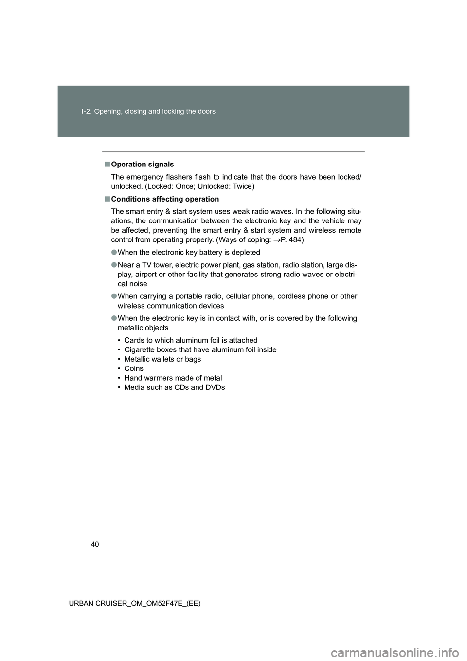 TOYOTA URBAN CRUISER 2014  Owners Manual 40
1-2. Opening, closing and locking the doors
URBAN CRUISER_OM_OM52F47E_(EE)
■ Operation signals
The emergency flashers flash to indicate that the doors have been locked/
unlocked. (Locked: Once; U