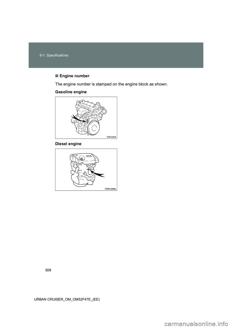 TOYOTA URBAN CRUISER 2014  Owners Manual 508
6-1. Specifications
URBAN CRUISER_OM_OM52F47E_(EE)
■ Engine number
The engine number is stamped on the engine block as shown.
Gasoline engine
Diesel engine 