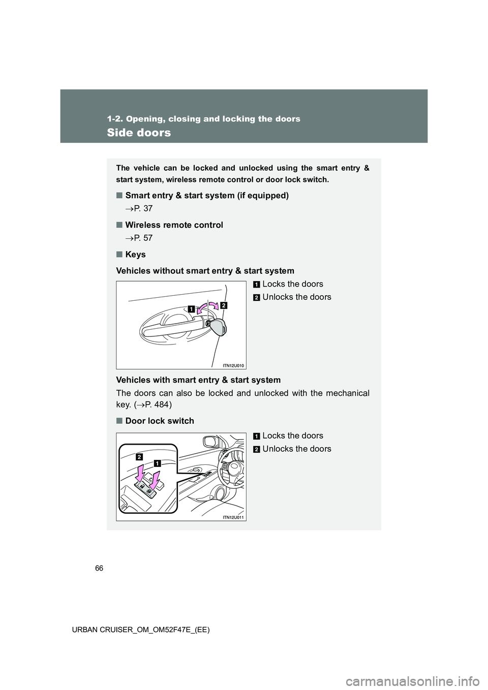 TOYOTA URBAN CRUISER 2014 Repair Manual 66
1-2. Opening, closing and locking the doors
URBAN CRUISER_OM_OM52F47E_(EE)
Side doors
The vehicle can be locked and unlocked using the smart entry &
start system, wireless remote control or door lo