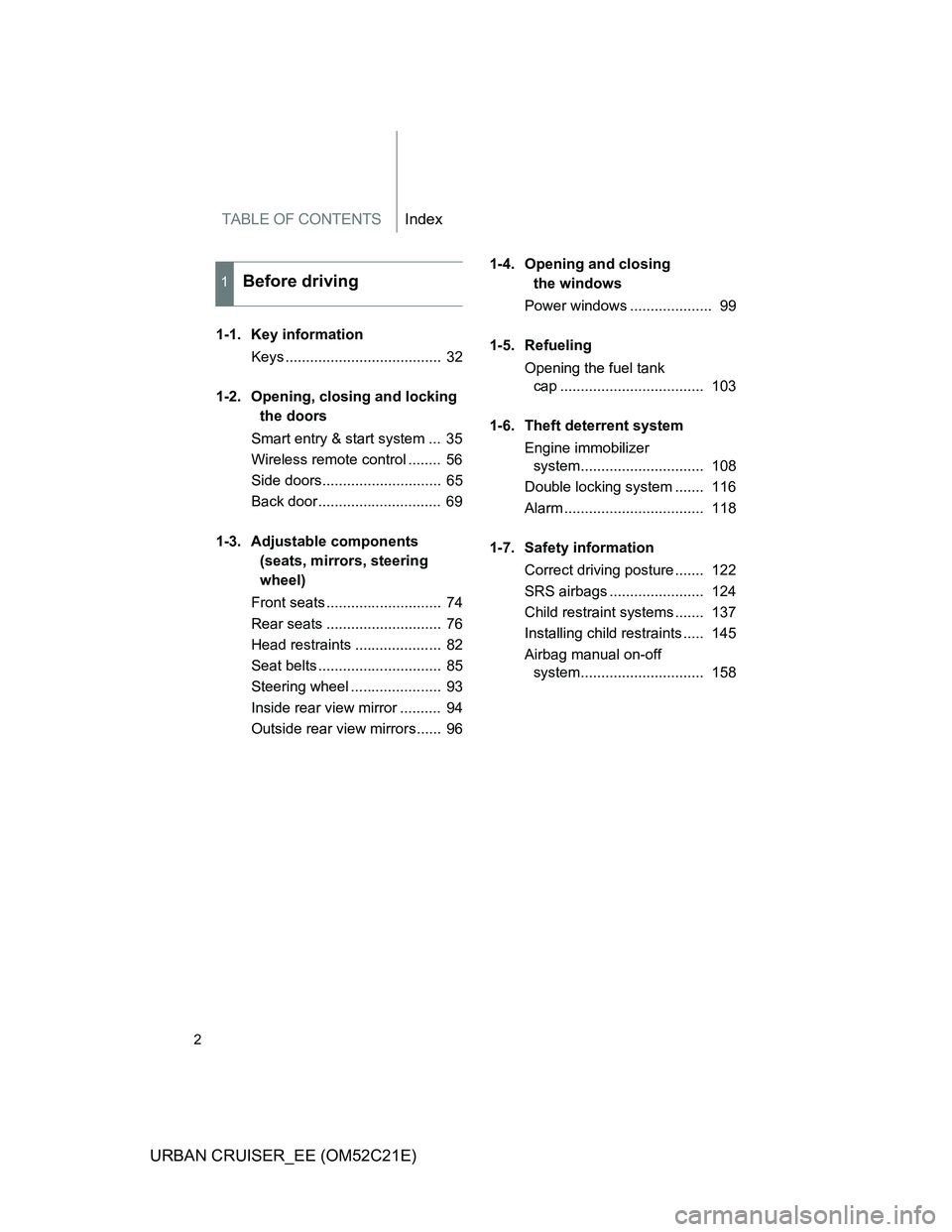 TOYOTA URBAN CRUISER 2012 Owners Manual TABLE OF CONTENTSIndex
2
URBAN CRUISER_EE (OM52C21E)
1-1. Key information
Keys ...................................... 32
1-2. Opening, closing and locking
the doors
Smart entry & start system ... 3 TOYOTA URBAN CRUISER 2012 Owners Manual TABLE OF CONTENTSIndex
2
URBAN CRUISER_EE (OM52C21E)
1-1. Key information
Keys ...................................... 32
1-2. Opening, closing and locking
the doors
Smart entry & start system ... 3