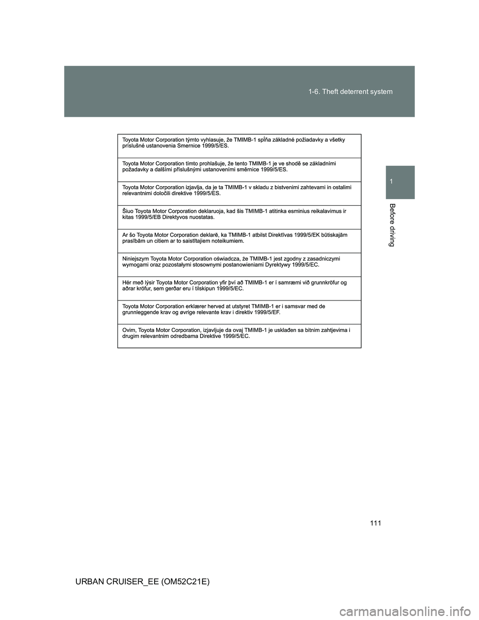 TOYOTA URBAN CRUISER 2012  Owners Manual 111 1-6. Theft deterrent system
1
Before driving
URBAN CRUISER_EE (OM52C21E) 