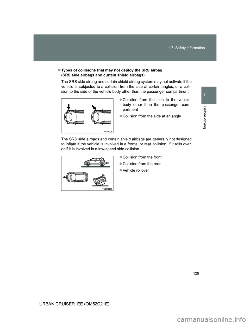 TOYOTA URBAN CRUISER 2012  Owners Manual 129 1-7. Safety information
1
Before driving
URBAN CRUISER_EE (OM52C21E)
Types of collisions that may not deploy the SRS airbag 
(SRS side airbags and curtain shield airbags)
The SRS side airbag an