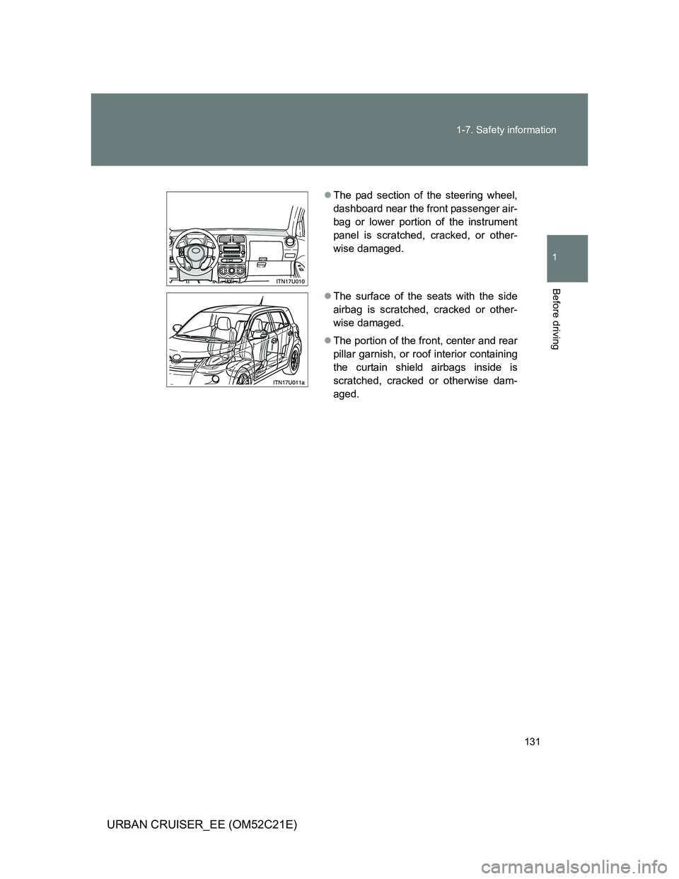 TOYOTA URBAN CRUISER 2012 Owners Manual 131 1-7. Safety information
1
Before driving
URBAN CRUISER_EE (OM52C21E)
The pad section of the steering wheel,
dashboard near the front passenger air-
bag or lower portion of the instrument
panel TOYOTA URBAN CRUISER 2012 Owners Manual 131 1-7. Safety information
1
Before driving
URBAN CRUISER_EE (OM52C21E)
The pad section of the steering wheel,
dashboard near the front passenger air-
bag or lower portion of the instrument
panel