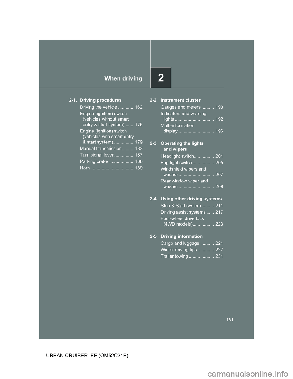 TOYOTA URBAN CRUISER 2012  Owners Manual 2When driving
161
URBAN CRUISER_EE (OM52C21E)
2-1. Driving procedures
Driving the vehicle ............  162
Engine (ignition) switch 
(vehicles without smart 
entry & start system).......  175
Engine 