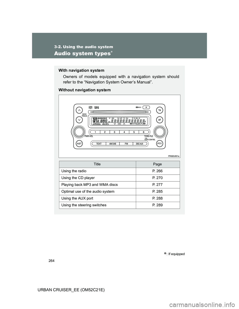 TOYOTA URBAN CRUISER 2012 Owners Manual 264
URBAN CRUISER_EE (OM52C21E)
3-2. Using the audio system
Audio system types
: If equipped
With navigation system
Owners of models equipped with a navigation system should
refer to the “Navi TOYOTA URBAN CRUISER 2012 Owners Manual 264
URBAN CRUISER_EE (OM52C21E)
3-2. Using the audio system
Audio system types
: If equipped
With navigation system
Owners of models equipped with a navigation system should
refer to the “Navi