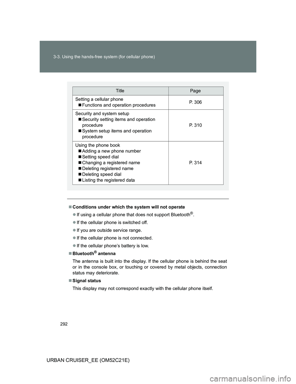 TOYOTA URBAN CRUISER 2012  Owners Manual 292 3-3. Using the hands-free system (for cellular phone)
URBAN CRUISER_EE (OM52C21E)
Conditions under which the system will not operate
If using a cellular phone that does not support Bluetooth