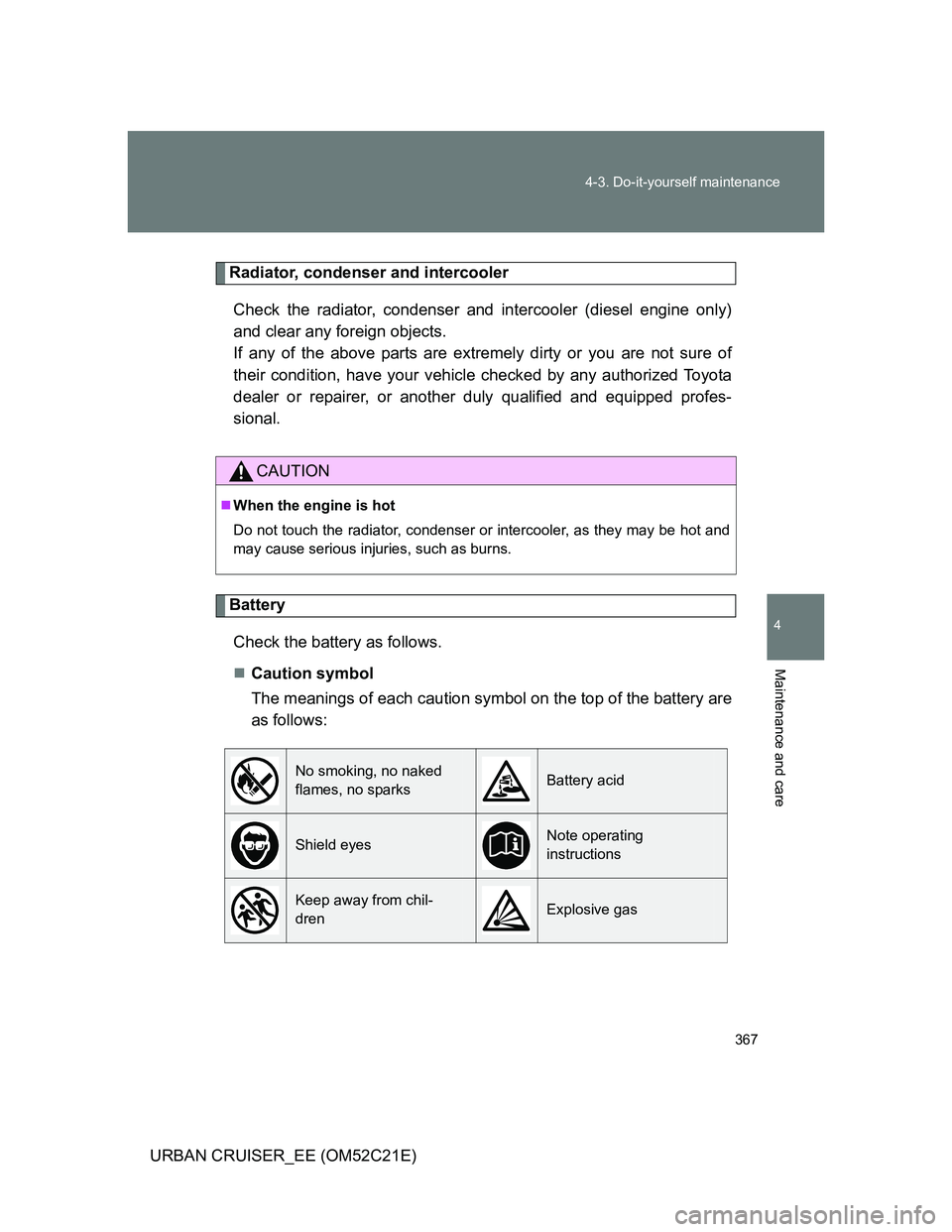 TOYOTA URBAN CRUISER 2012  Owners Manual 367 4-3. Do-it-yourself maintenance
4
Maintenance and care
URBAN CRUISER_EE (OM52C21E)
Radiator, condenser and intercooler
Check the radiator, condenser and intercooler (diesel engine only)
and clear 