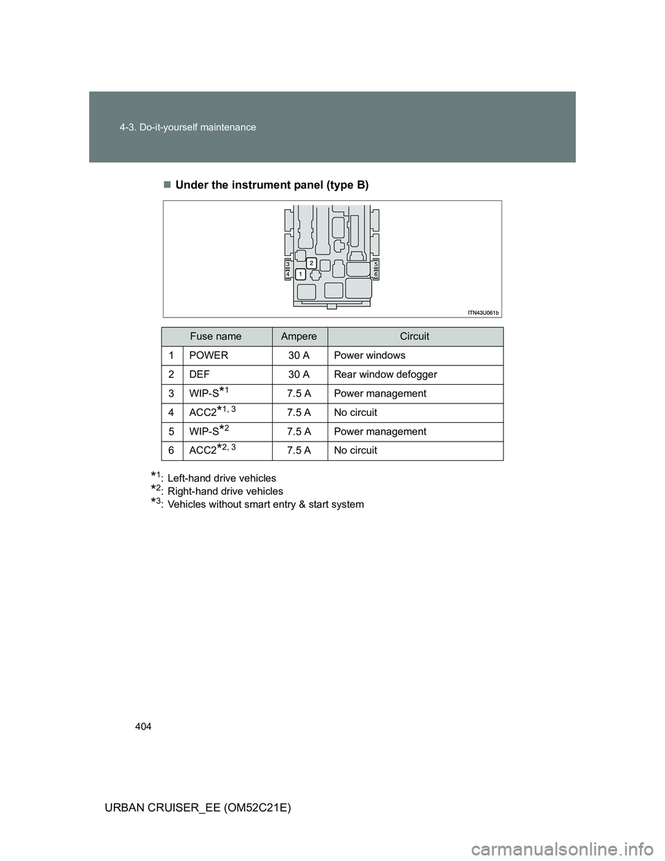 TOYOTA URBAN CRUISER 2012  Owners Manual 404 4-3. Do-it-yourself maintenance
URBAN CRUISER_EE (OM52C21E)Under the instrument panel (type B)
*1: Left-hand drive vehicles
*2: Right-hand drive vehicles
*3: Vehicles without smart entry & star