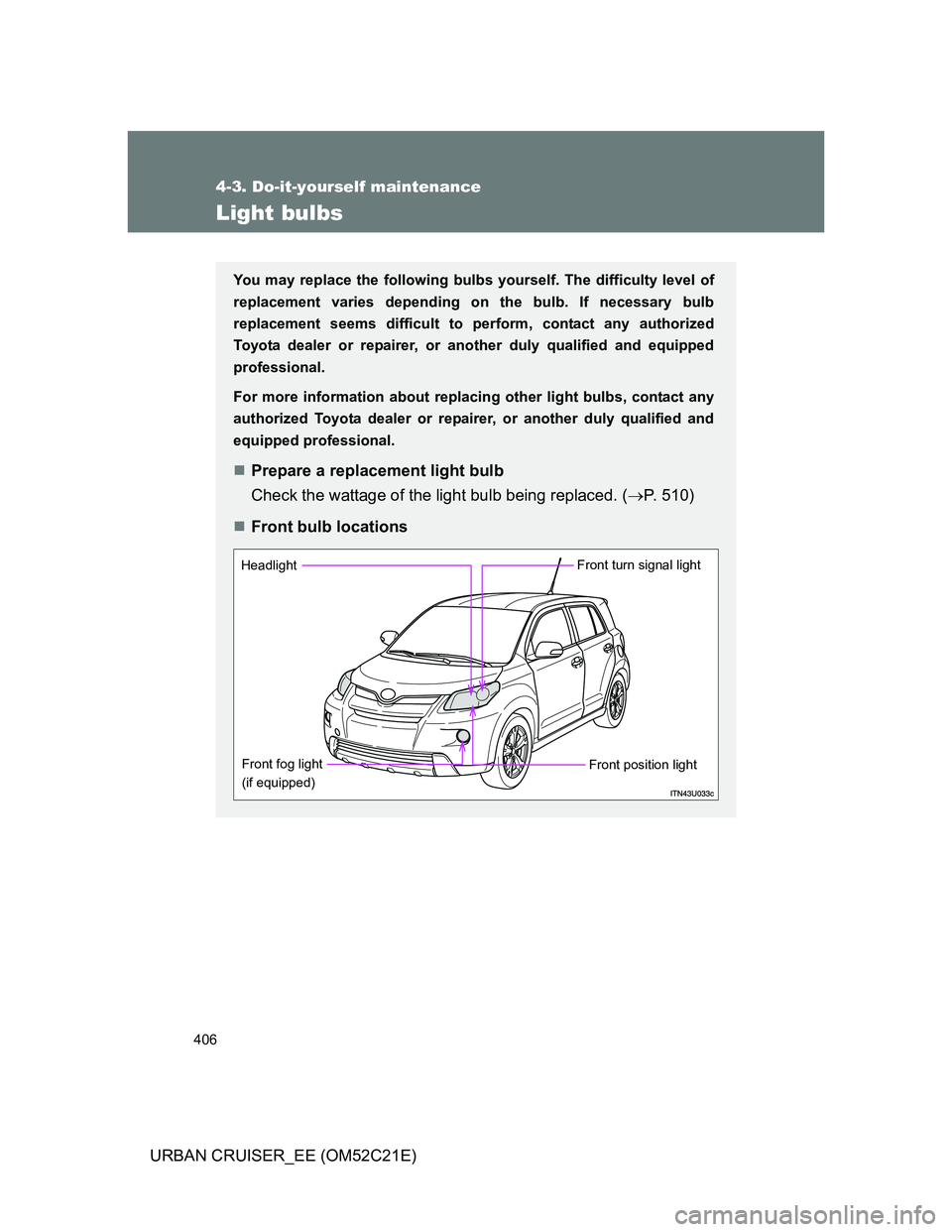 TOYOTA URBAN CRUISER 2012  Owners Manual 406
4-3. Do-it-yourself maintenance
URBAN CRUISER_EE (OM52C21E)
Light bulbs
You may replace the following bulbs yourself. The difficulty level of
replacement varies depending on the bulb. If necessary