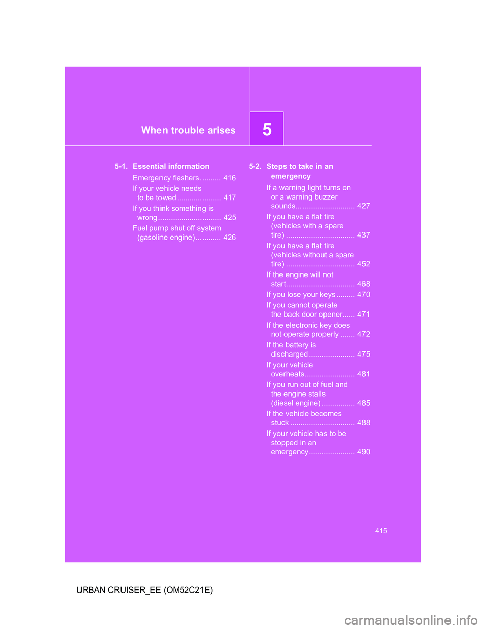 TOYOTA URBAN CRUISER 2012  Owners Manual 5When trouble arises
415
URBAN CRUISER_EE (OM52C21E)
5-1. Essential information
Emergency flashers ..........  416
If your vehicle needs 
to be towed .....................  417
If you think something 