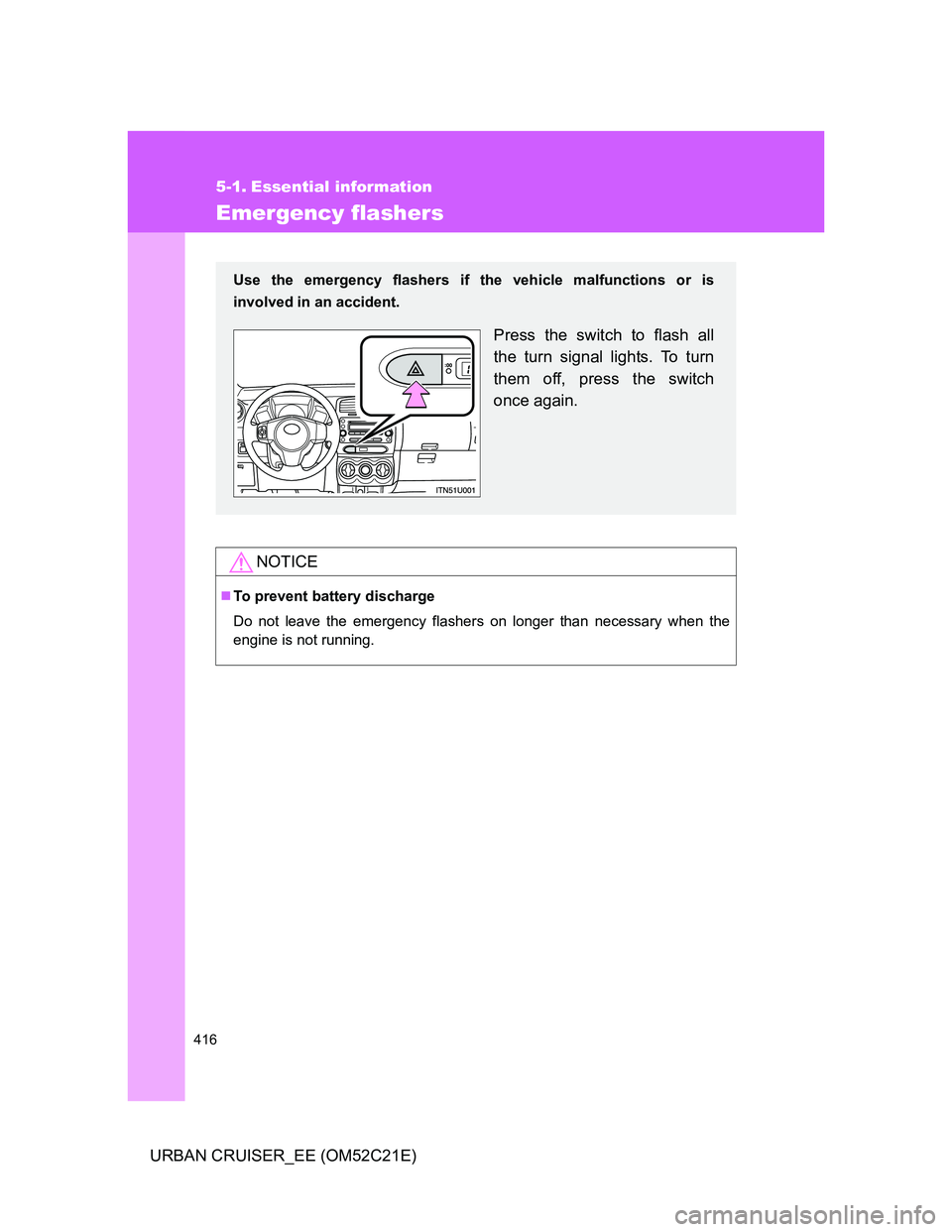 TOYOTA URBAN CRUISER 2012  Owners Manual 416
URBAN CRUISER_EE (OM52C21E)
5-1. Essential information
Emergency flashers
NOTICE
To prevent battery discharge
Do not leave the emergency flashers on longer than necessary when the
engine is not