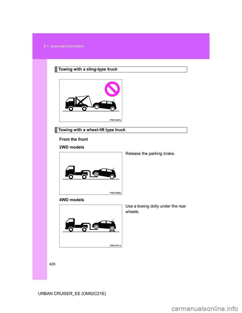 TOYOTA URBAN CRUISER 2012  Owners Manual 420 5-1. Essential information
URBAN CRUISER_EE (OM52C21E)
Towing with a sling-type truck
Towing with a wheel-lift type truck
From the front
2WD models
Release the parking brake.
4WD models
Use a towi