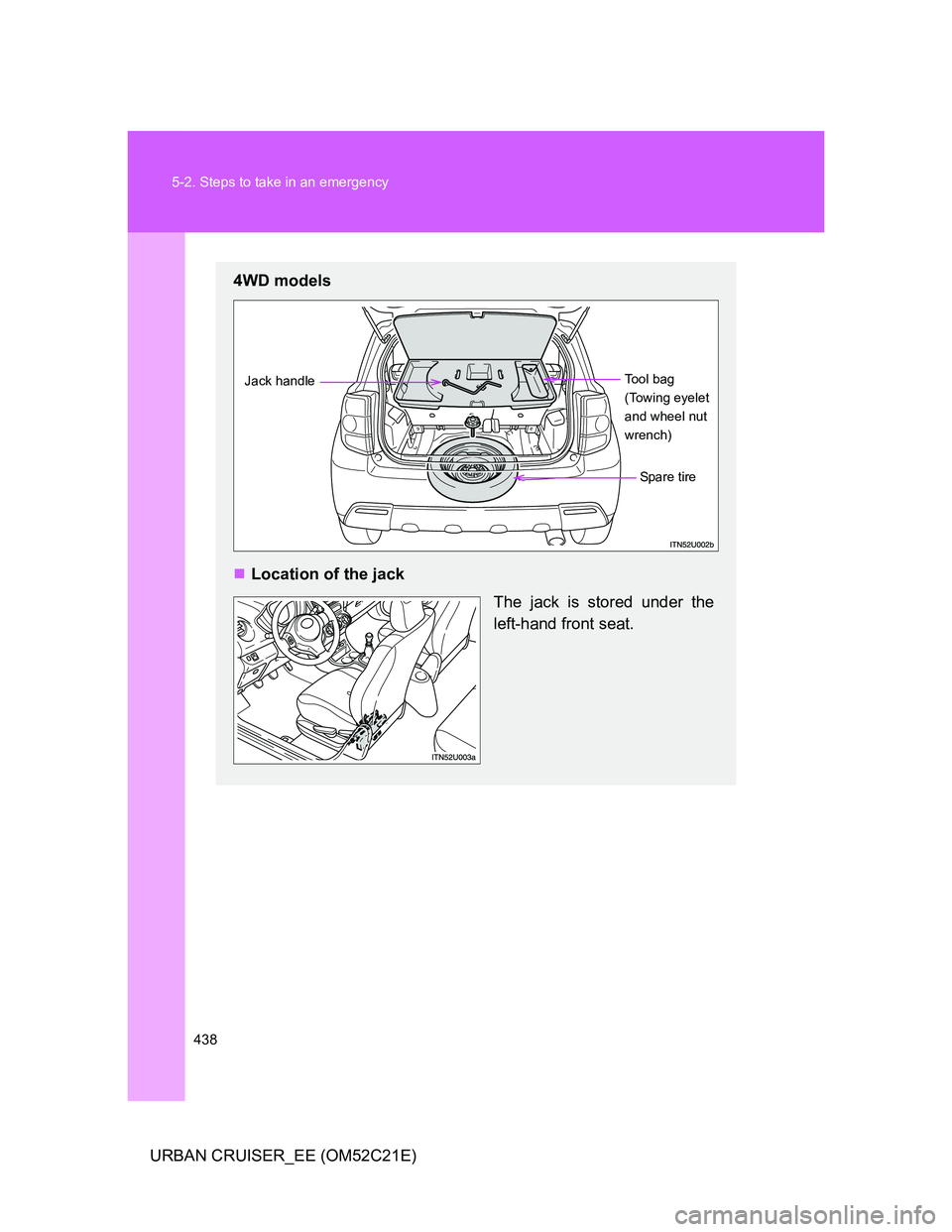 TOYOTA URBAN CRUISER 2012  Owners Manual 438 5-2. Steps to take in an emergency
URBAN CRUISER_EE (OM52C21E)
4WD models
Location of the jack
The jack is stored under the
left-hand front seat.
Jack handle
Spare tireTool bag 
(Towing eyelet 