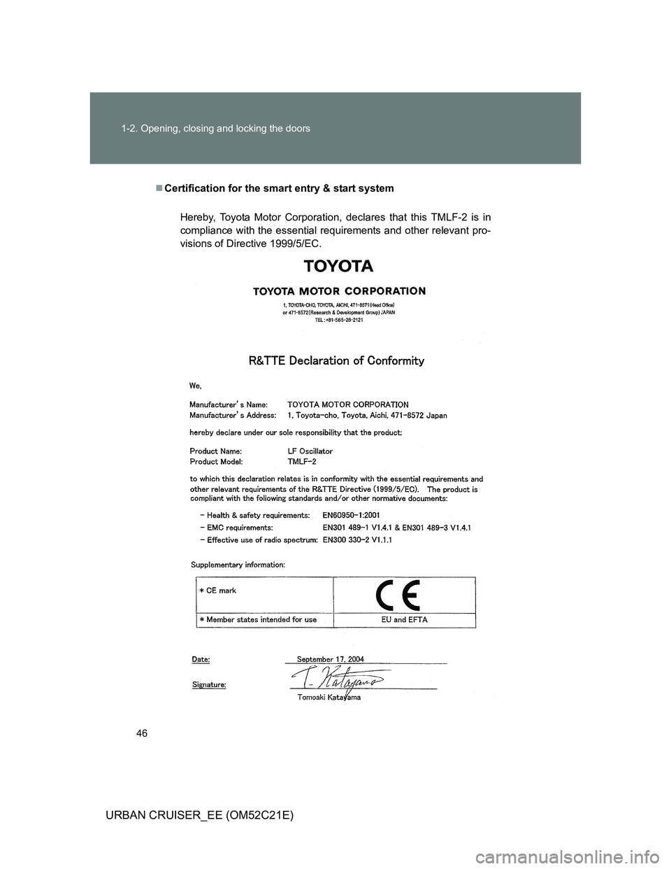 TOYOTA URBAN CRUISER 2012 Service Manual 46 1-2. Opening, closing and locking the doors
URBAN CRUISER_EE (OM52C21E)
Certification for the smart entry & start system
Hereby, Toyota Motor Corporation, declares that this TMLF-2 is in
complia