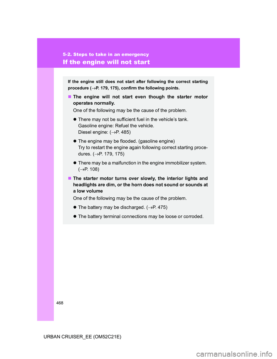 TOYOTA URBAN CRUISER 2012  Owners Manual 468
5-2. Steps to take in an emergency
URBAN CRUISER_EE (OM52C21E)
If the engine will not start
If the engine still does not start after following the correct starting
procedure (P. 179, 175), conf