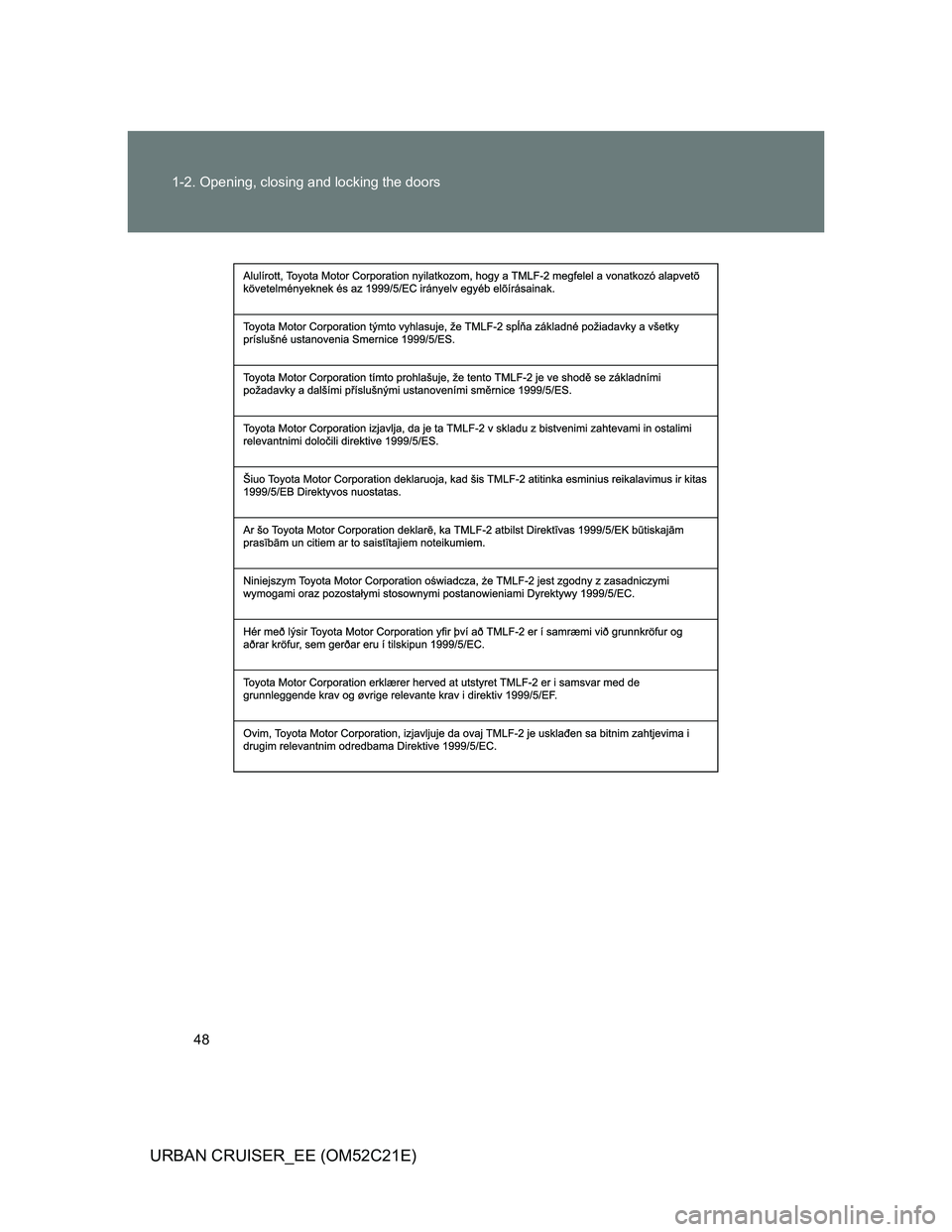 TOYOTA URBAN CRUISER 2012 Service Manual 48 1-2. Opening, closing and locking the doors
URBAN CRUISER_EE (OM52C21E) 