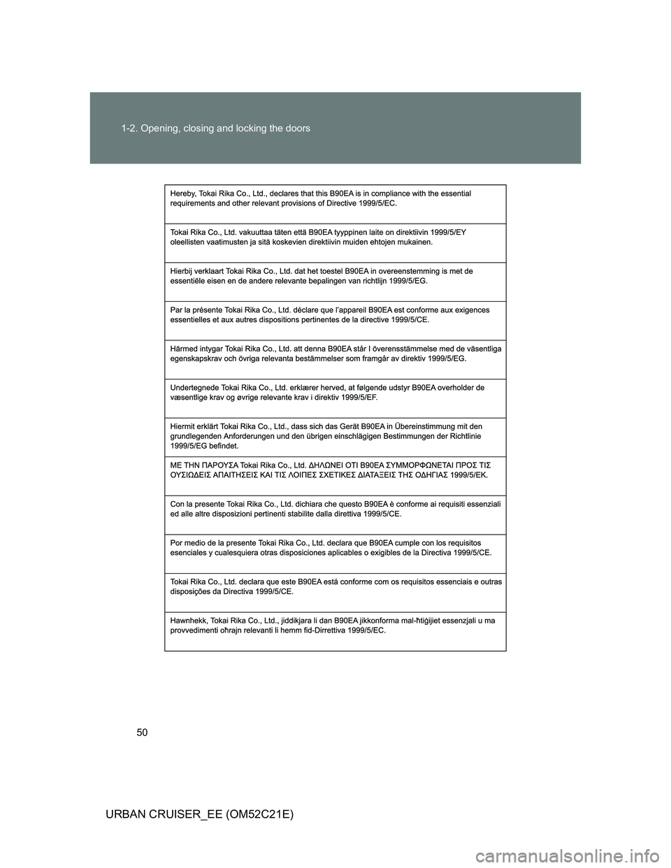 TOYOTA URBAN CRUISER 2012 Service Manual 50 1-2. Opening, closing and locking the doors
URBAN CRUISER_EE (OM52C21E) 