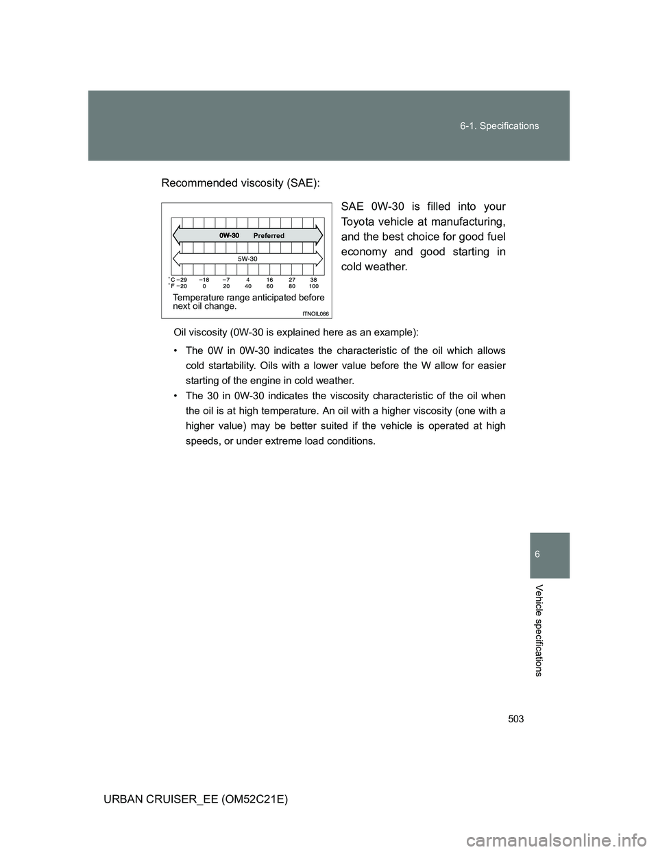 TOYOTA URBAN CRUISER 2012  Owners Manual 503 6-1. Specifications
6
Vehicle specifications
URBAN CRUISER_EE (OM52C21E)Recommended viscosity (SAE):
SAE 0W-30 is filled into your
Toyota vehicle at manufacturing,
and the best choice for good fue