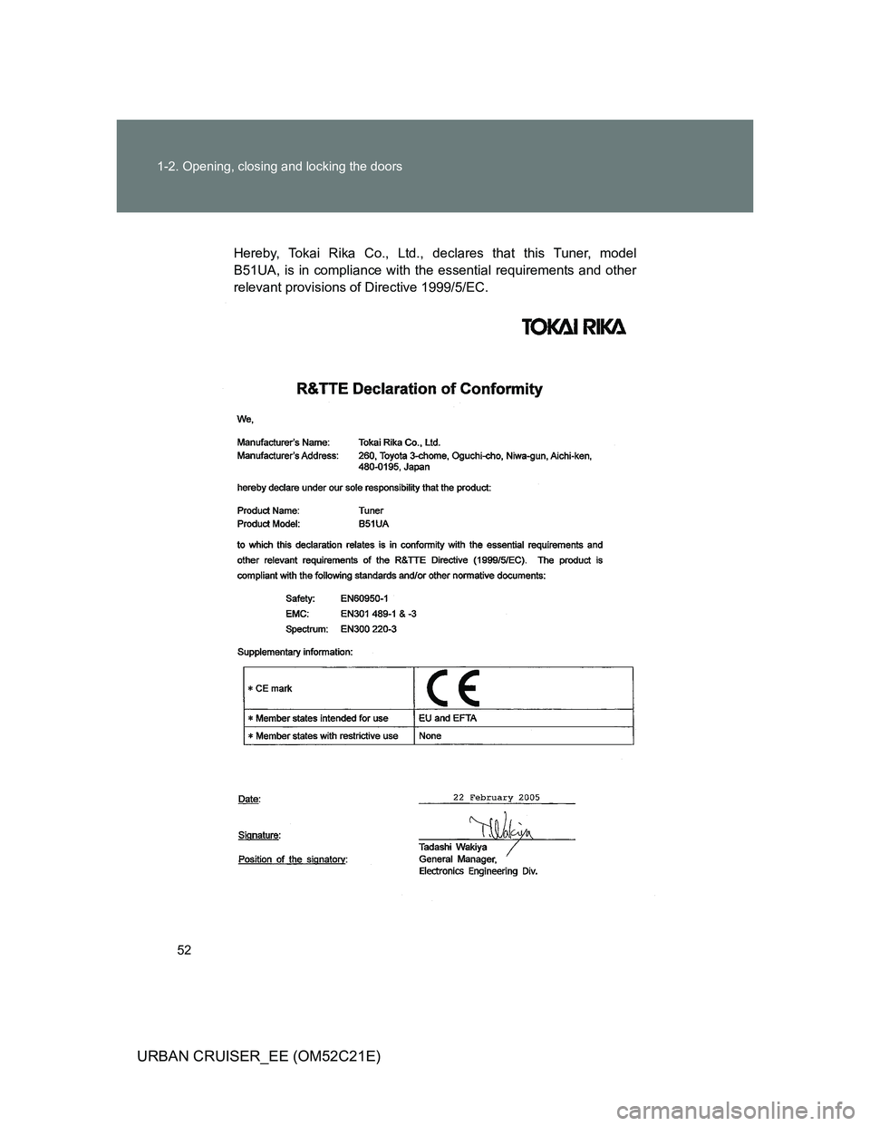 TOYOTA URBAN CRUISER 2012 Workshop Manual 52 1-2. Opening, closing and locking the doors
URBAN CRUISER_EE (OM52C21E)
Hereby, Tokai Rika Co., Ltd., declares that this Tuner, model
B51UA, is in compliance with the essential requirements and oth