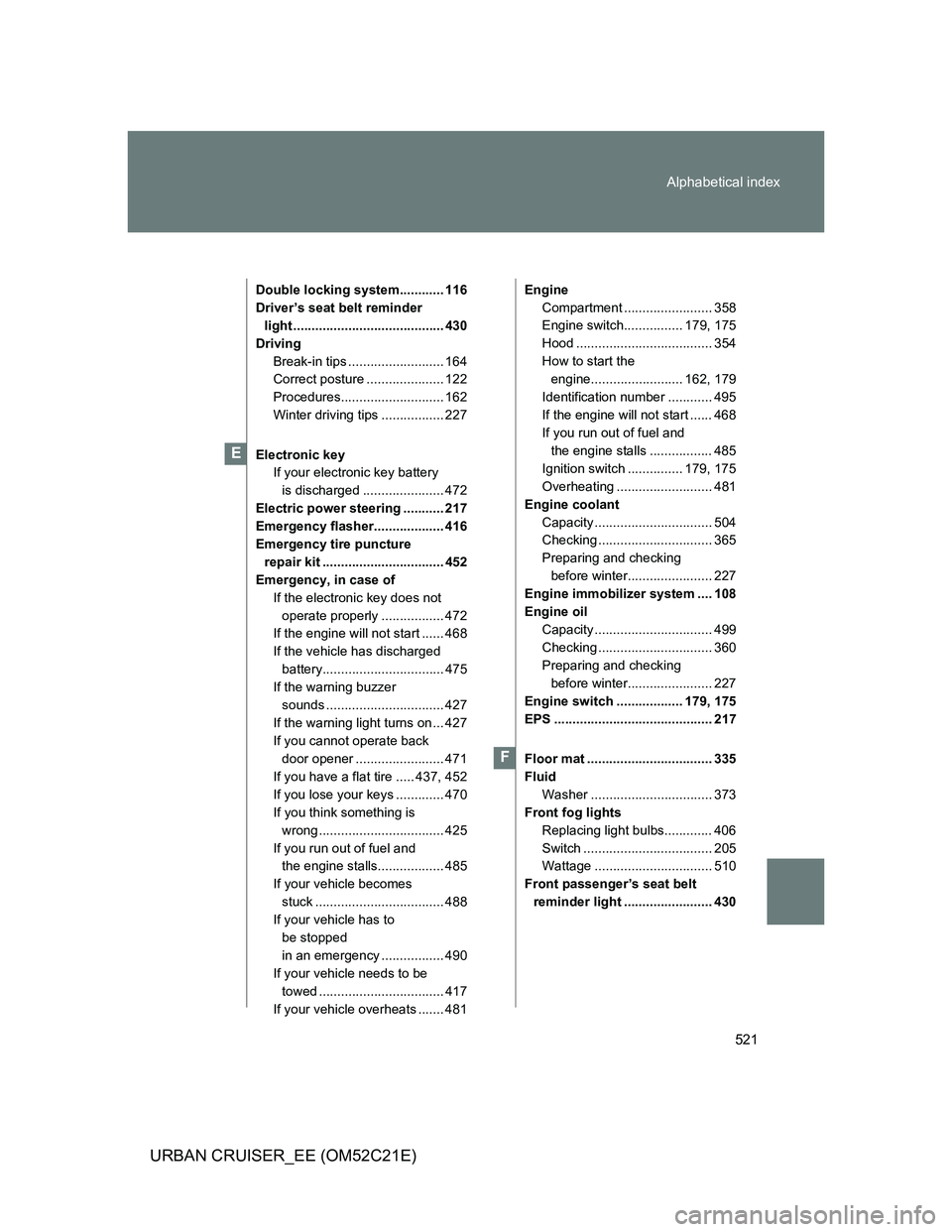 TOYOTA URBAN CRUISER 2012 Owners Manual 521 Alphabetical index
URBAN CRUISER_EE (OM52C21E)
Double locking system............ 116
Driver’s seat belt reminder
light ......................................... 430
Driving
Break-in tips ...... TOYOTA URBAN CRUISER 2012 Owners Manual 521 Alphabetical index
URBAN CRUISER_EE (OM52C21E)
Double locking system............ 116
Driver’s seat belt reminder
light ......................................... 430
Driving
Break-in tips ......