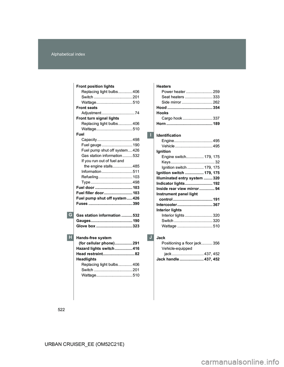 TOYOTA URBAN CRUISER 2012 Owners Manual 522 Alphabetical index
URBAN CRUISER_EE (OM52C21E)
Front position lights
Replacing light bulbs ............. 406
Switch ................................... 201
Wattage................................. TOYOTA URBAN CRUISER 2012 Owners Manual 522 Alphabetical index
URBAN CRUISER_EE (OM52C21E)
Front position lights
Replacing light bulbs ............. 406
Switch ................................... 201
Wattage.................................