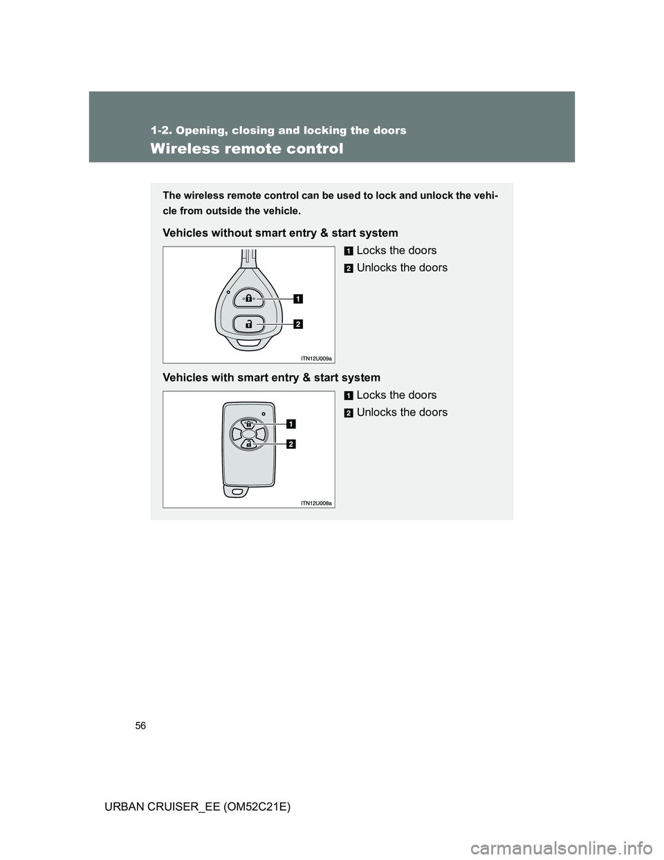 TOYOTA URBAN CRUISER 2012 Workshop Manual 56
1-2. Opening, closing and locking the doors
URBAN CRUISER_EE (OM52C21E)
Wireless remote control
The wireless remote control can be used to lock and unlock the vehi-
cle from outside the vehicle.
Ve