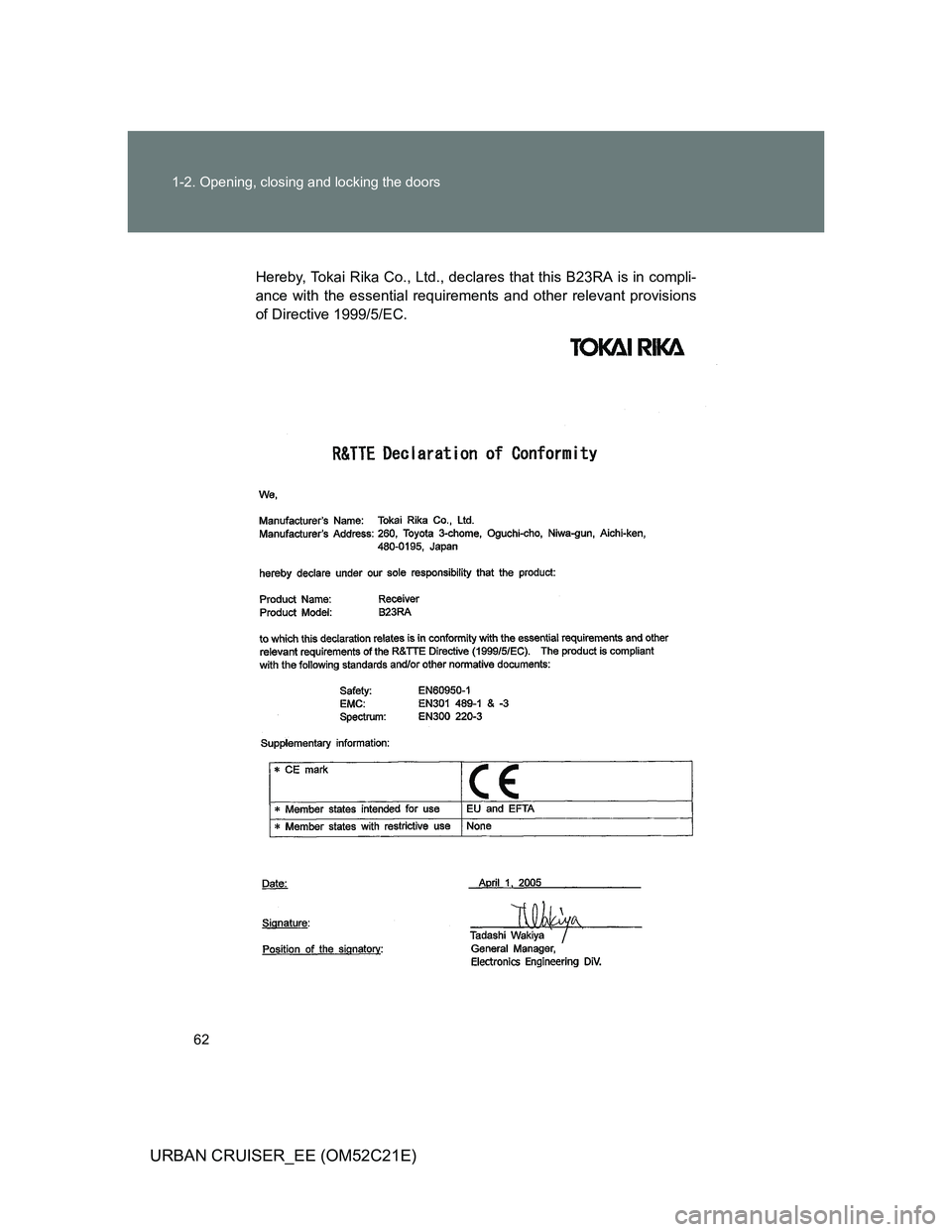 TOYOTA URBAN CRUISER 2012 Repair Manual 62 1-2. Opening, closing and locking the doors
URBAN CRUISER_EE (OM52C21E)
Hereby, Tokai Rika Co., Ltd., declares that this B23RA is in compli-
ance with the essential requirements and other relevant 