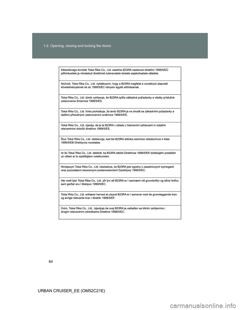 TOYOTA URBAN CRUISER 2012 Repair Manual 64 1-2. Opening, closing and locking the doors
URBAN CRUISER_EE (OM52C21E) 