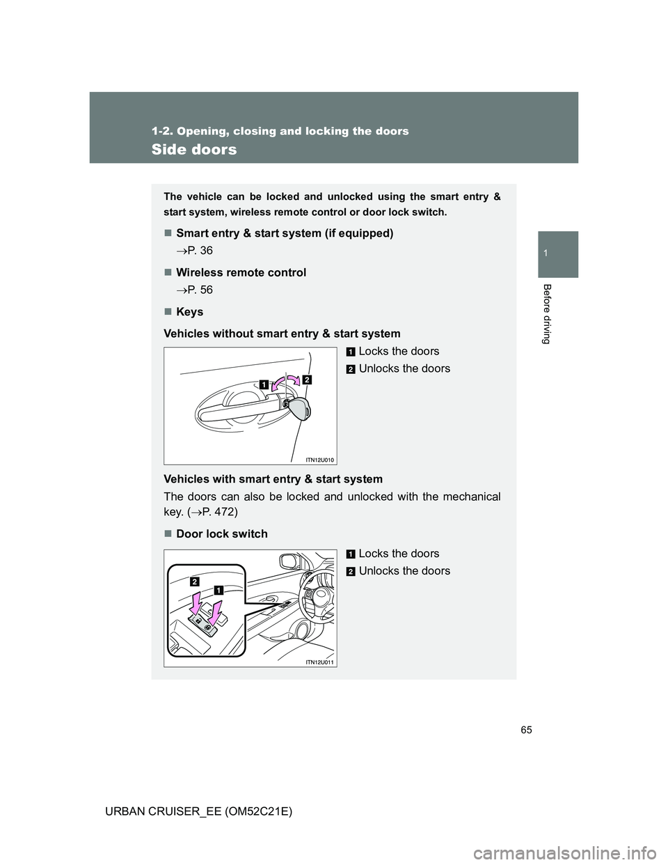TOYOTA URBAN CRUISER 2012 Repair Manual 65
1
1-2. Opening, closing and locking the doors
Before driving
URBAN CRUISER_EE (OM52C21E)
Side doors
The vehicle can be locked and unlocked using the smart entry &
start system, wireless remote cont