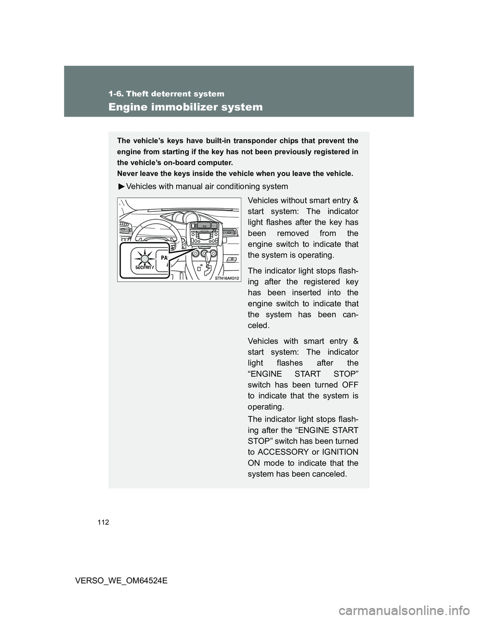 TOYOTA VERSO 2012  Owners Manual 112
VERSO_WE_OM64524E
1-6. Theft deterrent system
Engine immobilizer system
The vehicle’s keys have built-in transponder chips that prevent the
engine from starting if the key has not been previousl