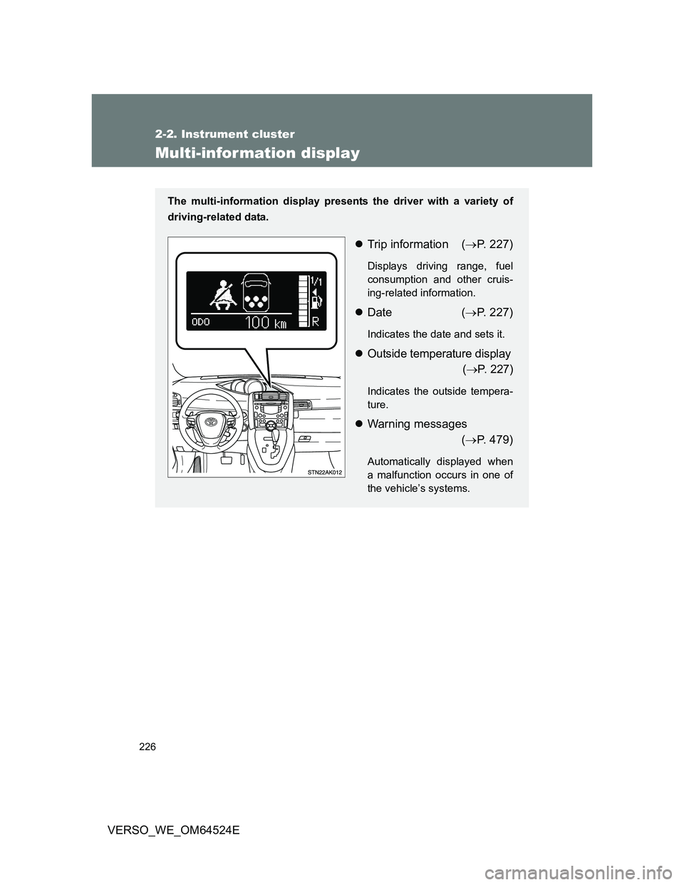 TOYOTA VERSO 2012  Owners Manual 226
2-2. Instrument cluster
VERSO_WE_OM64524E
Multi-infor mation display
The multi-information display presents the driver with a variety of
driving-related data.
Trip information (P. 227)
Displ