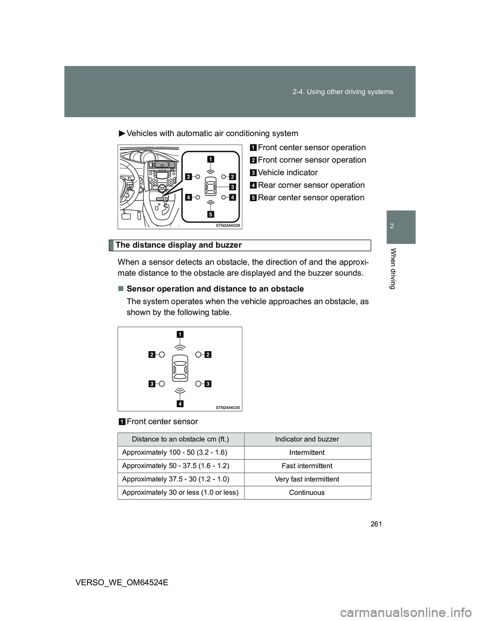TOYOTA VERSO 2012  Owners Manual 261 2-4. Using other driving systems
2
When driving
VERSO_WE_OM64524EVehicles with automatic air conditioning system
Front center sensor operation
Front corner sensor operation
Vehicle indicator
Rear 