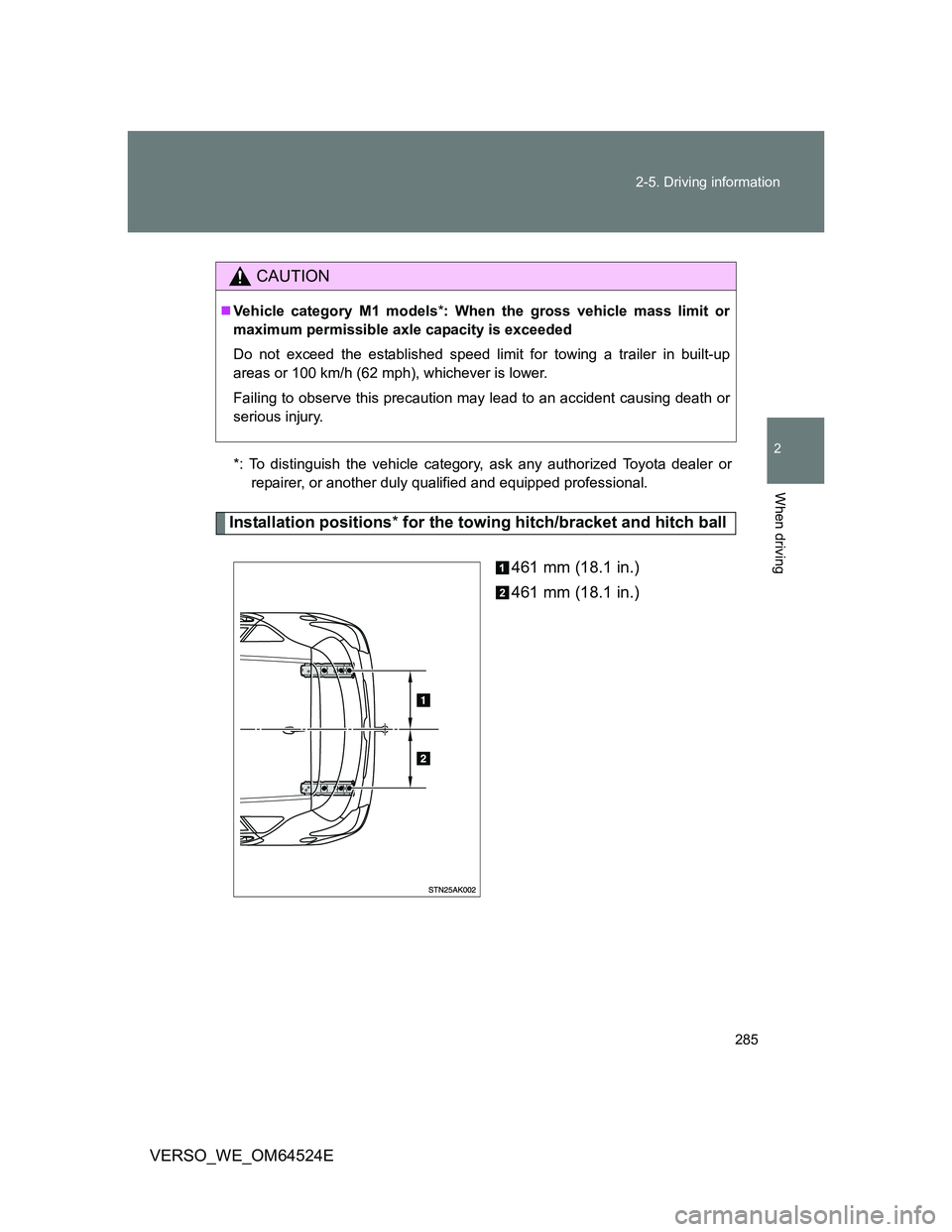 TOYOTA VERSO 2012  Owners Manual 285 2-5. Driving information
2
When driving
VERSO_WE_OM64524E
*: To distinguish the vehicle category, ask any authorized Toyota dealer or
repairer, or another duly qualified and equipped professional.