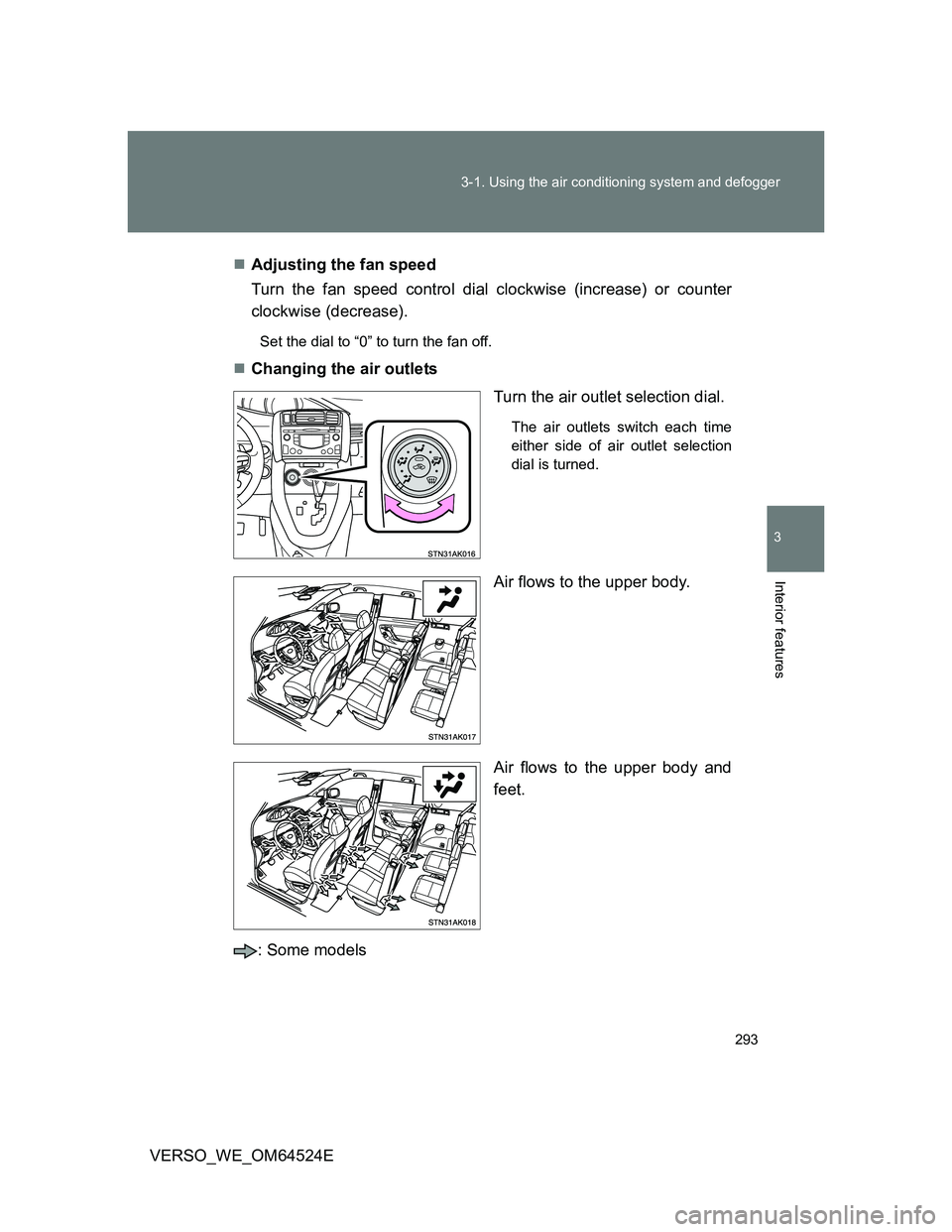 TOYOTA VERSO 2012  Owners Manual 293 3-1. Using the air conditioning system and defogger
3
Interior features
VERSO_WE_OM64524EAdjusting the fan speed
Turn the fan speed control dial clockwise (increase) or counter
clockwise (decre