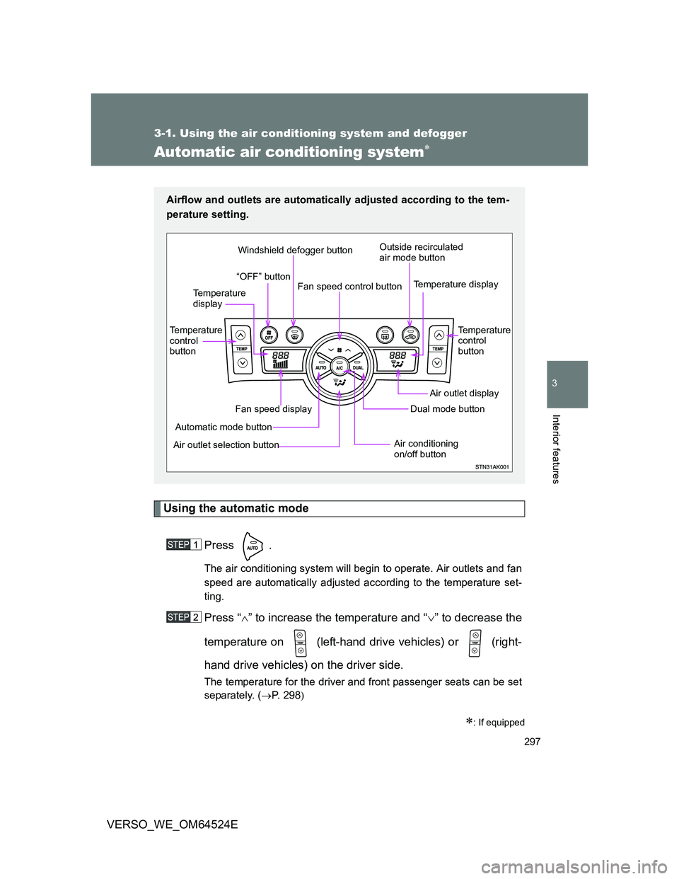 TOYOTA VERSO 2012  Owners Manual 297
3-1. Using the air conditioning system and defogger
3
Interior features
VERSO_WE_OM64524E
Automatic air conditioning system
Using the automatic mode
Press .
The air conditioning system will beg