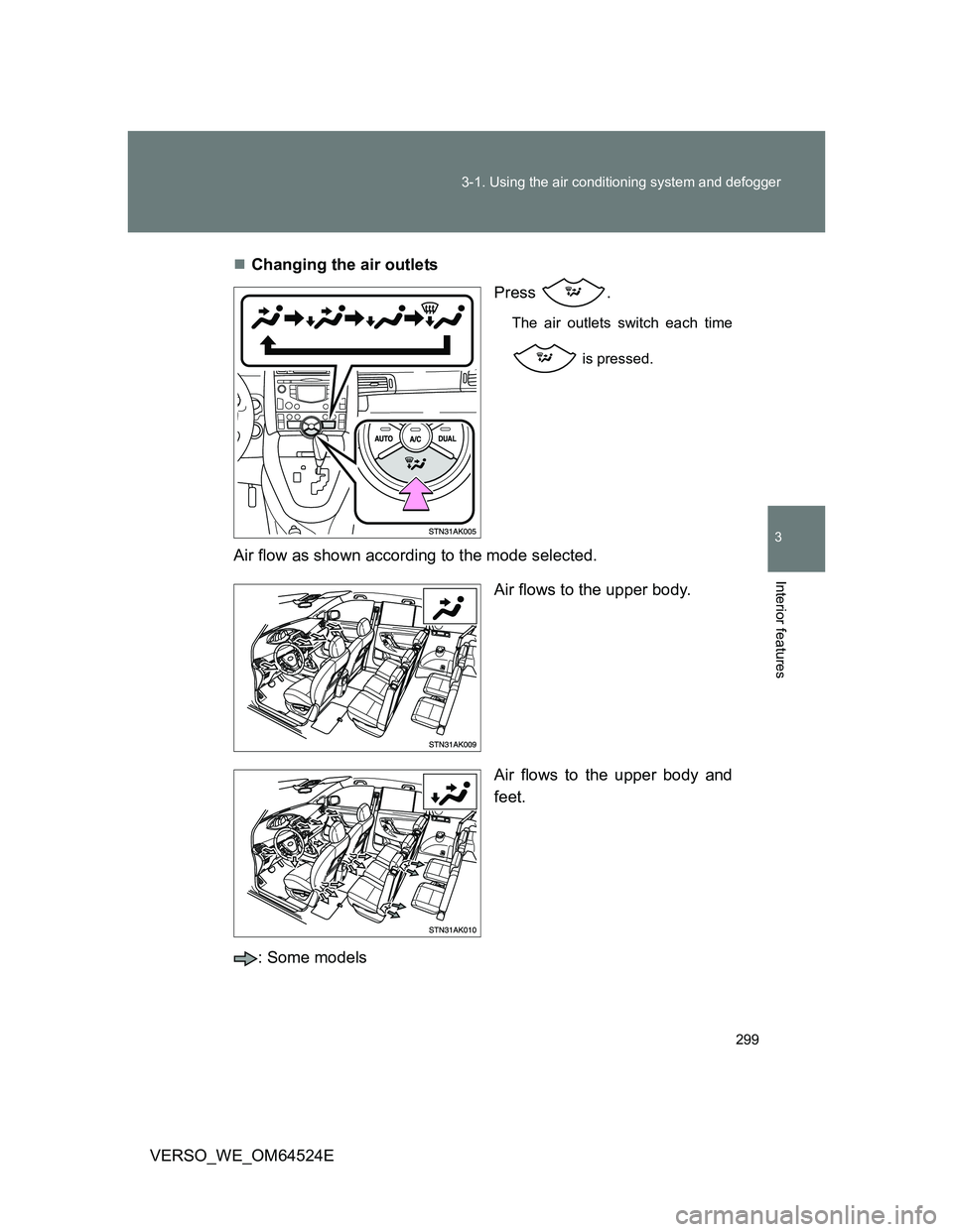 TOYOTA VERSO 2012  Owners Manual 299 3-1. Using the air conditioning system and defogger
3
Interior features
VERSO_WE_OM64524EChanging the air outlets
Press .
The air outlets switch each time
 is pressed. 
Air flow as shown accord